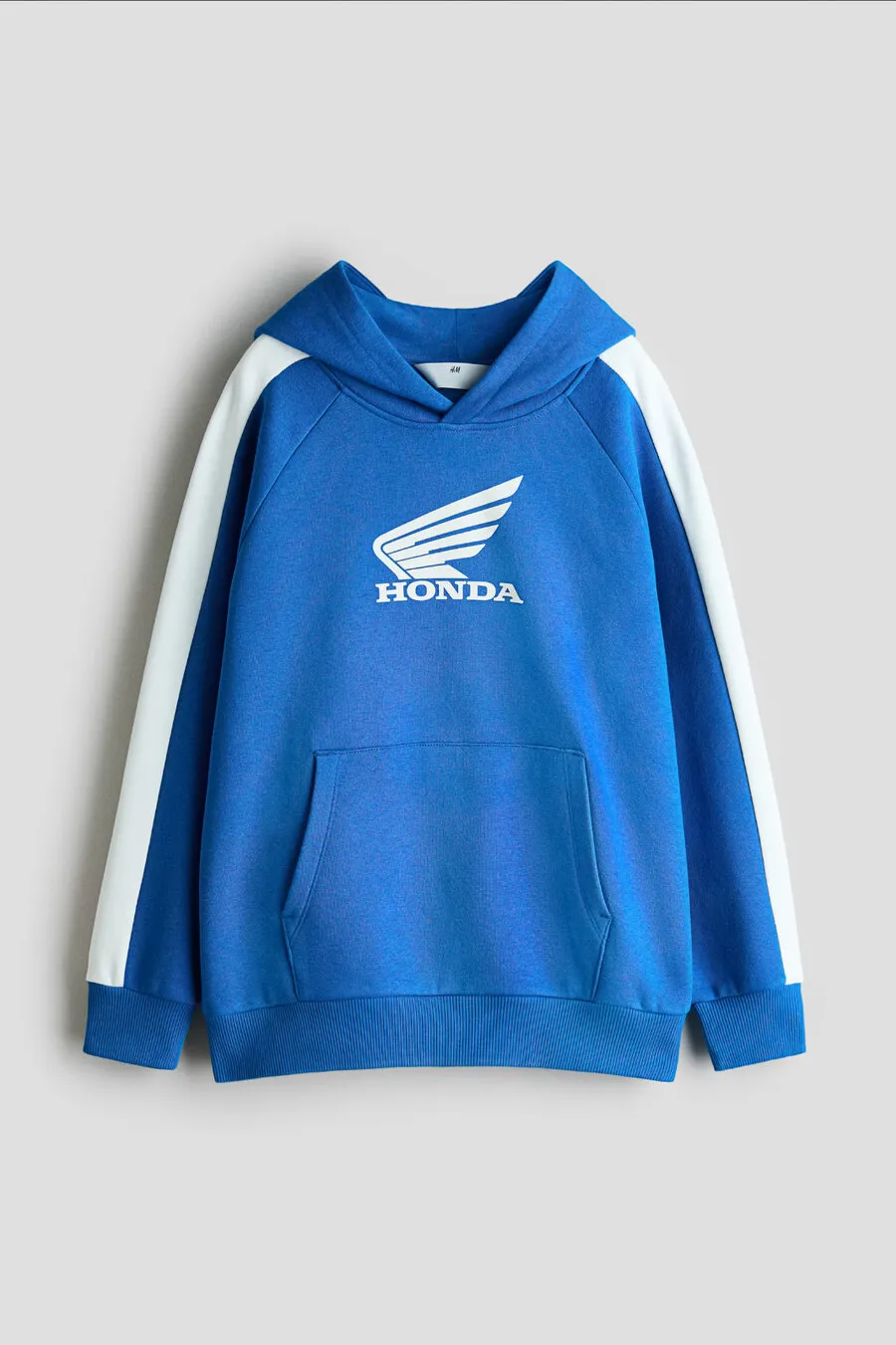 Blue hooded sweatshirt with white sleeve stripes and the Honda wing logo, for H&M