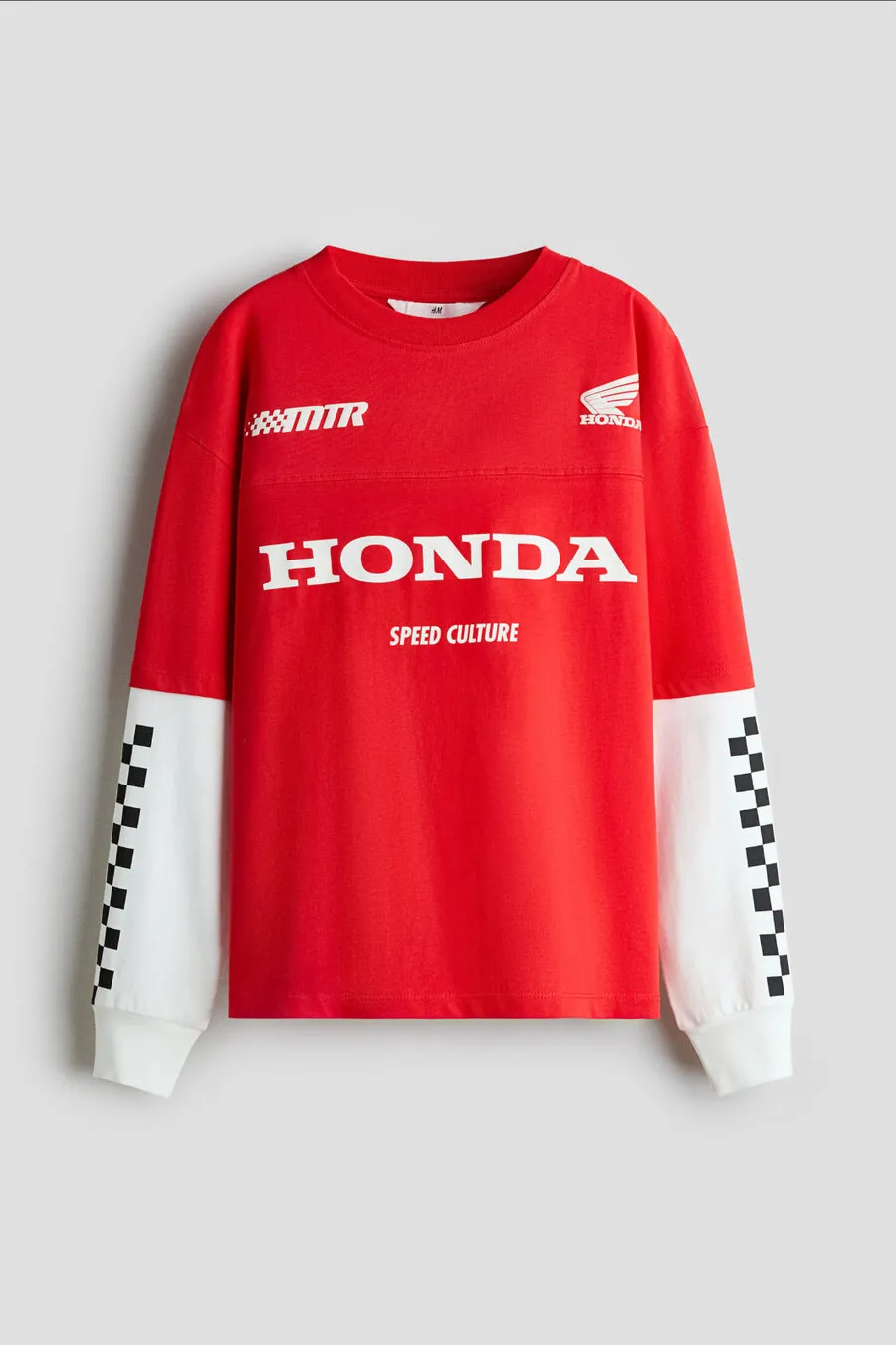 Red and white motocross-style long-sleeved top with a Honda print and checkered sleeves, for H&M