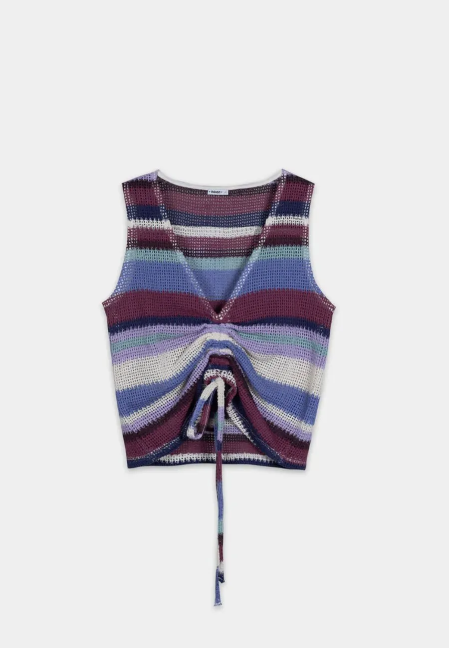 Sleeveless knit top in purple, blue and cream stripes with a drawstring front, for Noon