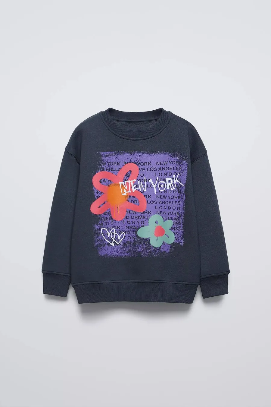 Navy sweatshirt with a purple “New York” print and painted flowers, for Zara